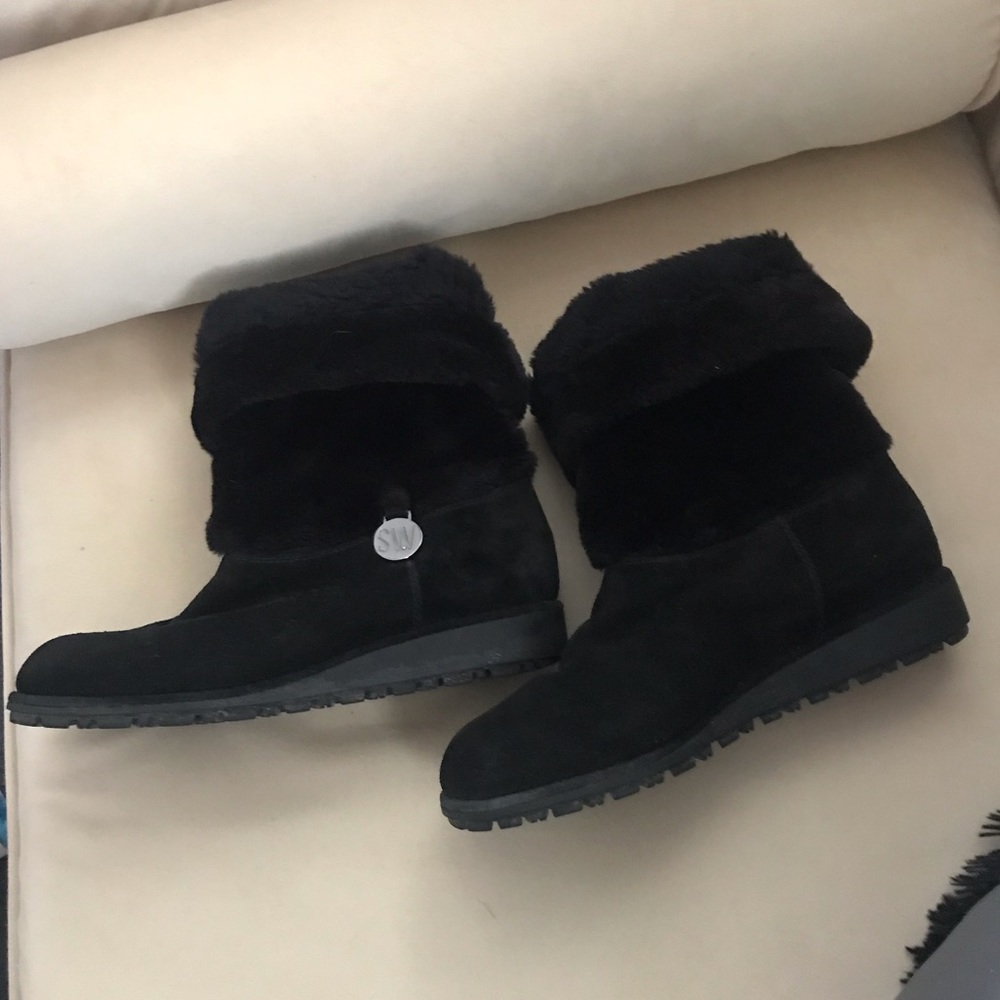 Stuart Weitzman Black Cozy Faux Fur Boots, 6.5